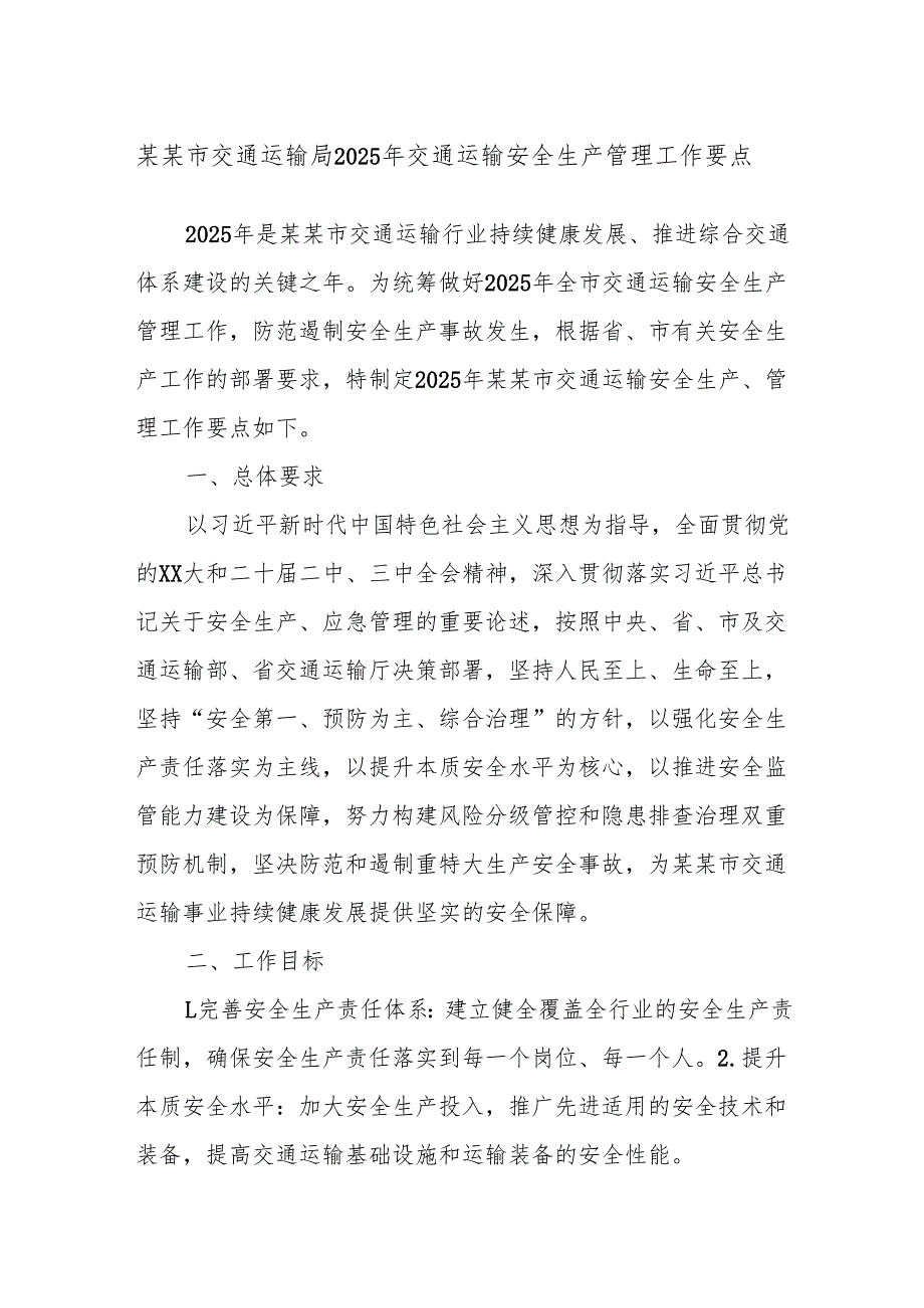 某某市交通运输局2025年交通运输安全生产管理工作要点.docx_第1页