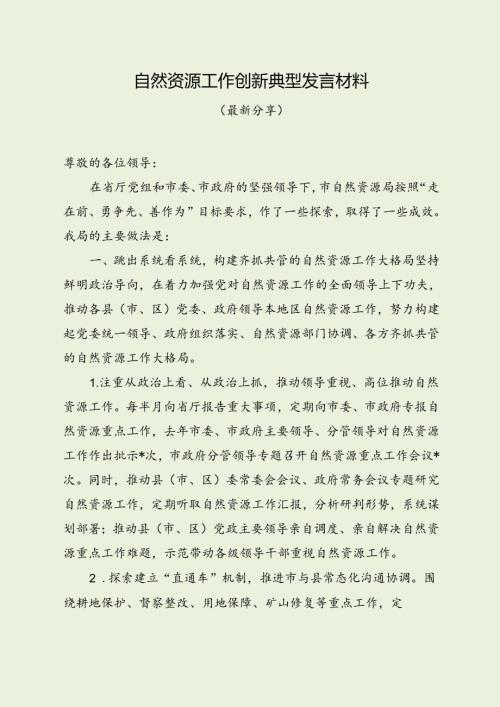 自然资源工作创新典型发言材料（最新分享）.docx