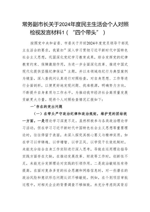 常务副市长关于2024民主生活会个人对照检视发言材料2篇（四个带头）.docx