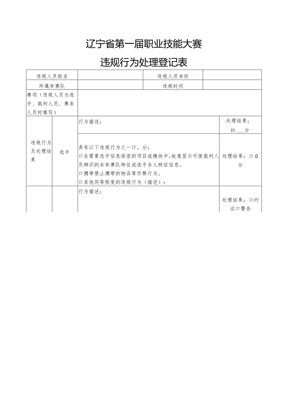 辽宁省第一职业技能大赛违规行为处理登记表.docx_第1页