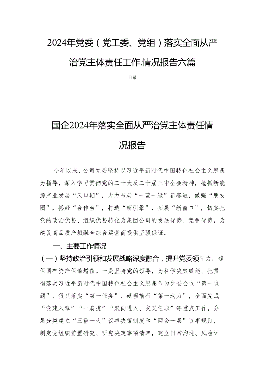 2024年党委(党工委、党组)落实全面从严治党主体责任工作.情况报告六篇.docx_第1页