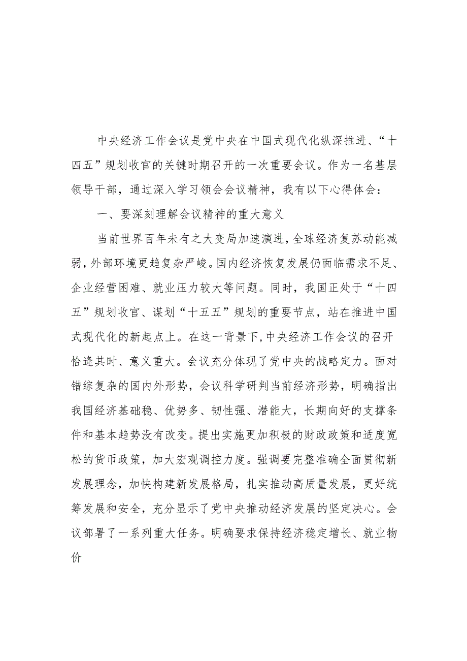 基层领导干部学习2024年12月中央经济工作会议精神研讨发言心得体会3篇.docx_第1页