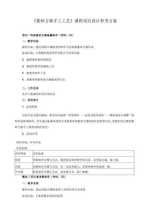 《紫砂方器手工工艺》课程项目设计参考方案.docx