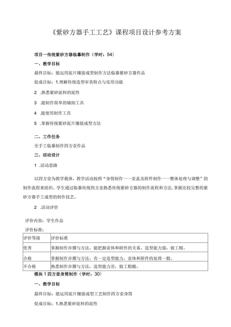 《紫砂方器手工工艺》课程项目设计参考方案.docx_第1页