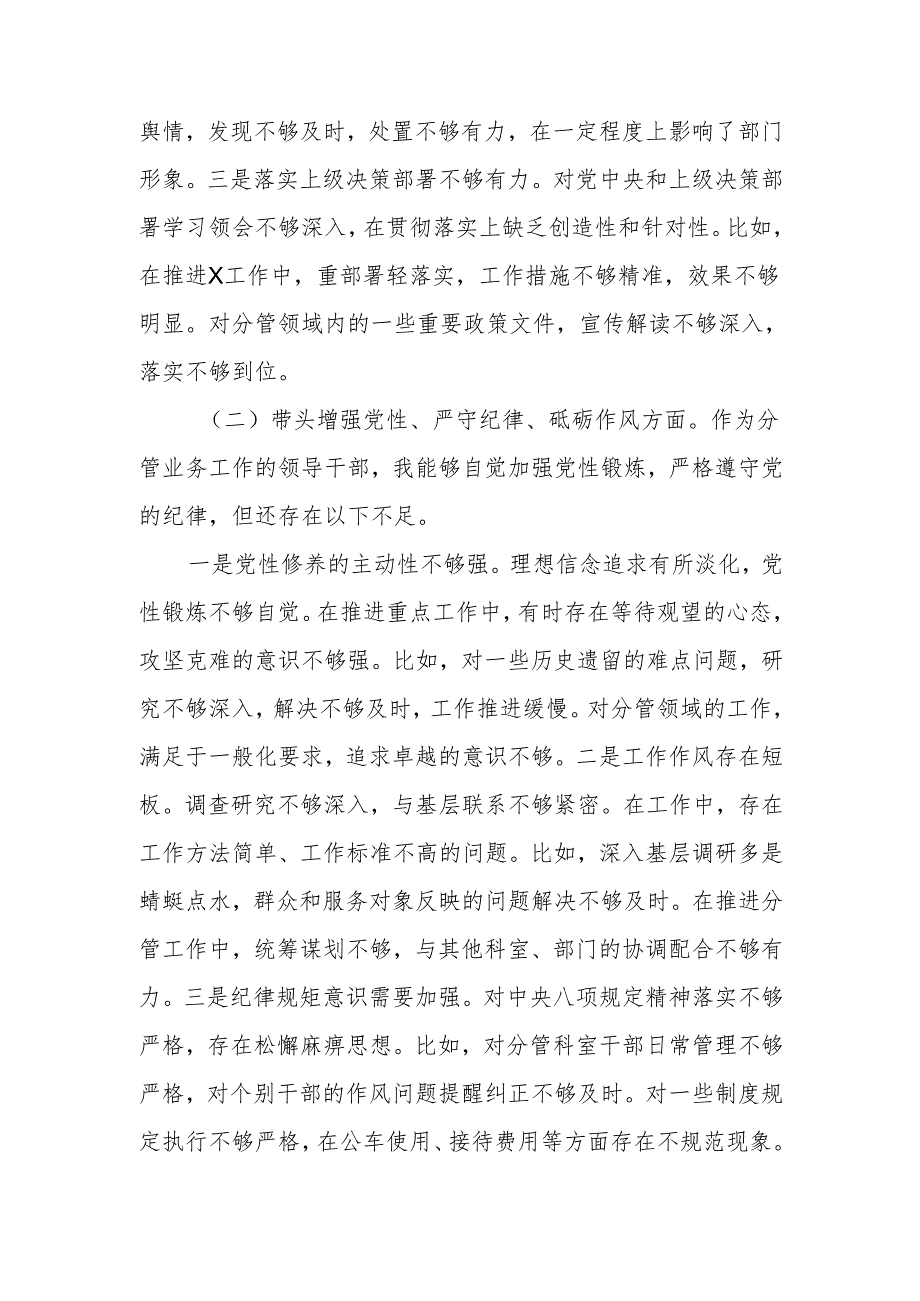 部门副职2024民主生活个人检查材料（四个带头）范文两篇.docx_第2页