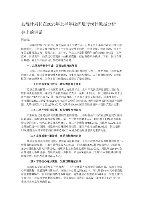 县统计局长在2025年上半年经济运行统计数据分析会上的讲话.docx