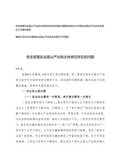3篇 党支部落实全面从严治党主体责任存在的问题+2024年落实全面从严治党主体责任工作情况报告.docx