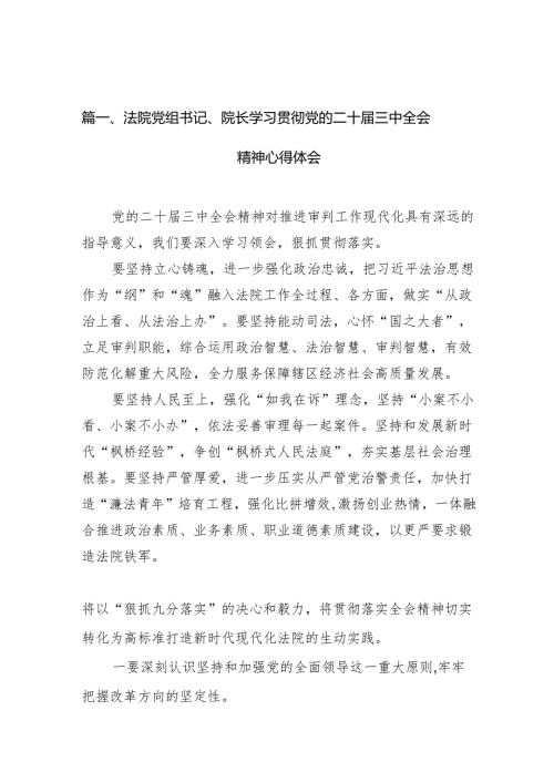 （10篇）法院党组书记、院长学习贯彻党的二十三中全会精神心得体会范文精选.docx