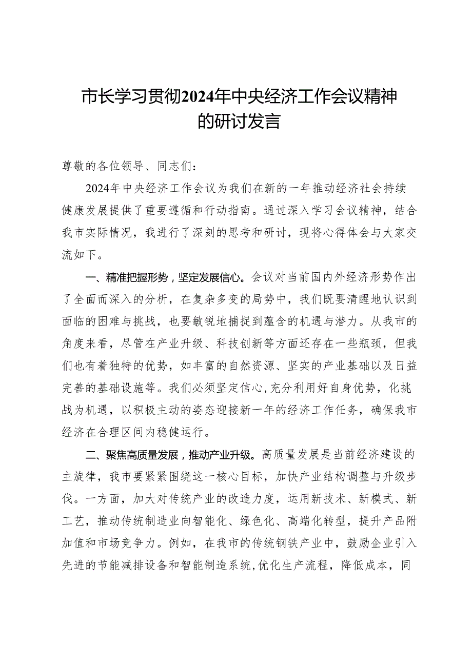 市长学习贯彻2024年中央经济工作会议精神的研讨发言.docx_第1页
