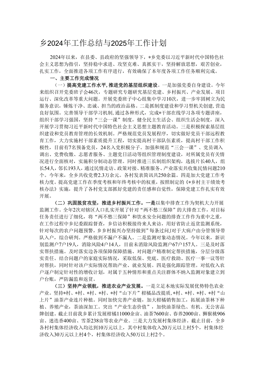 乡2024年工作总结与2025年工作计划.docx_第1页