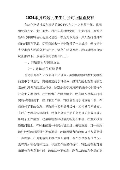 2024专题民主生活会对照检查材料.docx