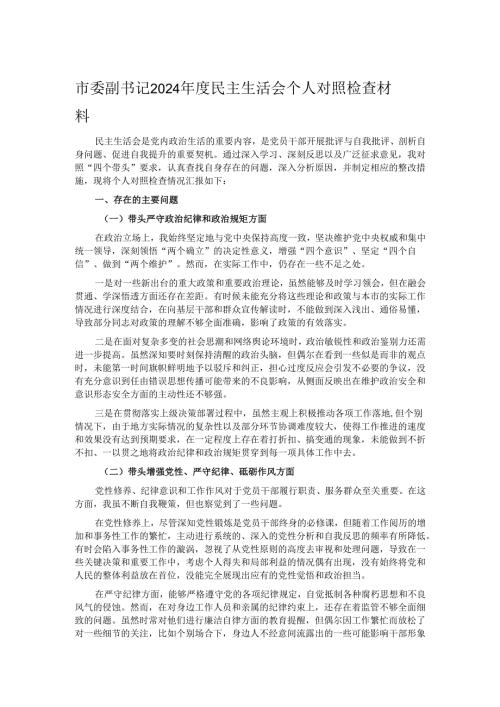 市委副书记 2024 民主生活会个人对照检查材料.docx