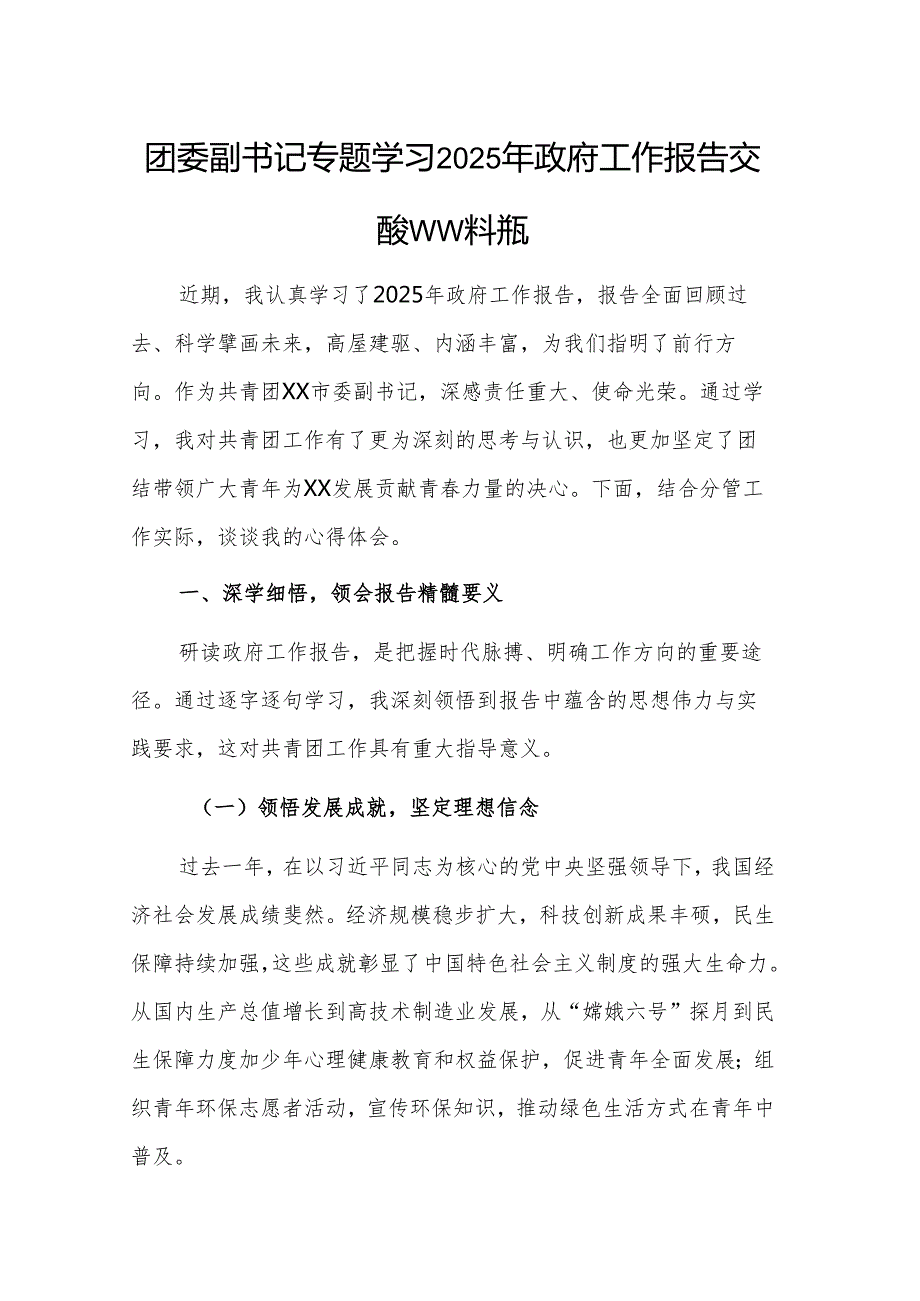 团委副书记专题学习2025年政府工作报告交流发言材料范文.docx_第1页