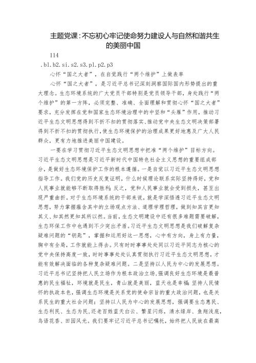 主题党课：不忘初心牢记使命努力建设人与自然和谐共生的美丽中国.docx