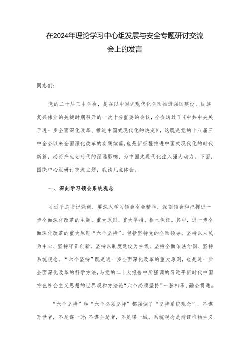 在2024年理论学习中心组发展与安全专题研讨交流会上的发言.docx