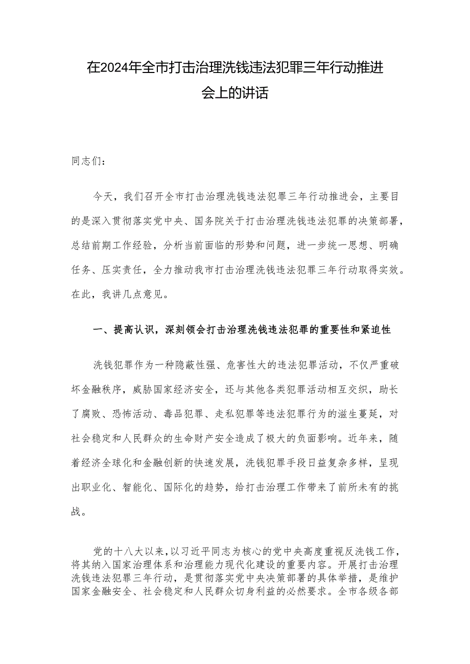 在2024年全市打击治理洗钱违法犯罪三年行动推进会上的讲话.docx_第1页