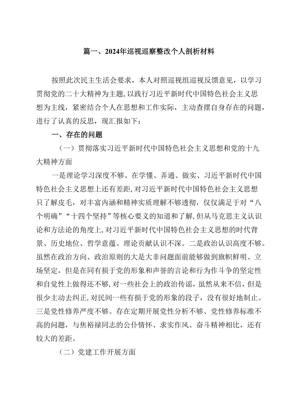 2024年巡视巡察整改个人剖析材料范文12篇（精选）.docx_第2页