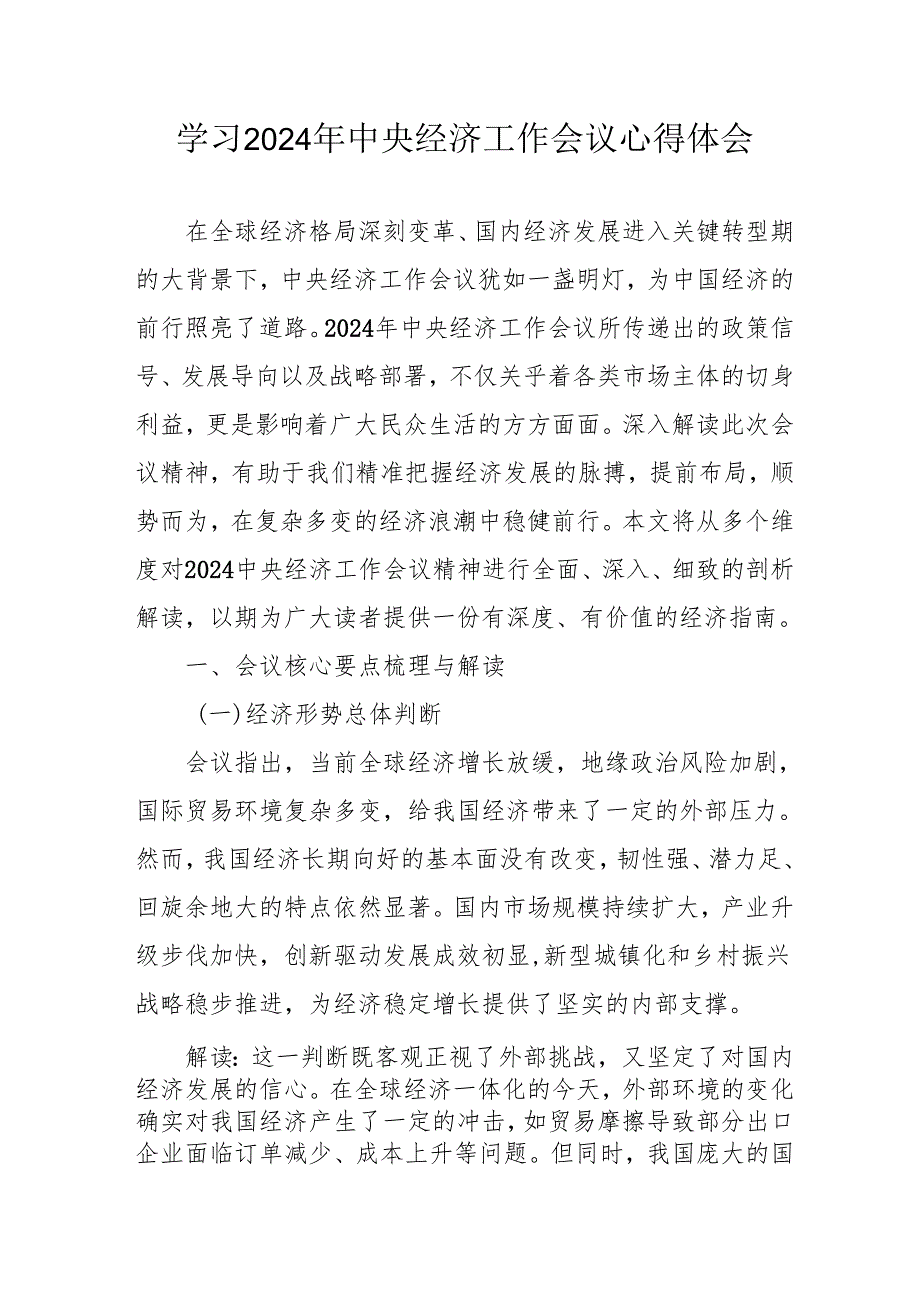学习2024年中央经济工作会议个人心得体会 合计4份.docx_第1页
