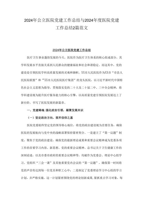 2024年公立医院党建工作总结与2024医院党建工作总结2篇范文.docx
