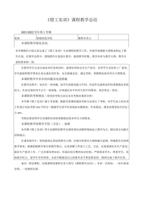 《钳工实训》课程教学总结.docx