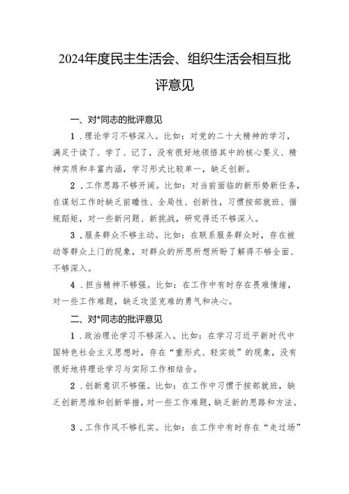 2024民主生活会、组织生活会相互批评意见.docx