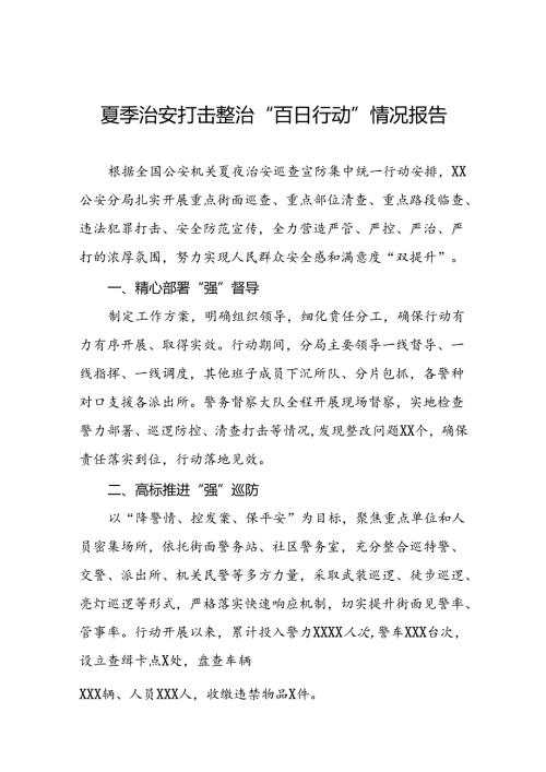 十二篇2024年公安机关夏夜治安巡查宣防集中统一行动开展情况报告.docx