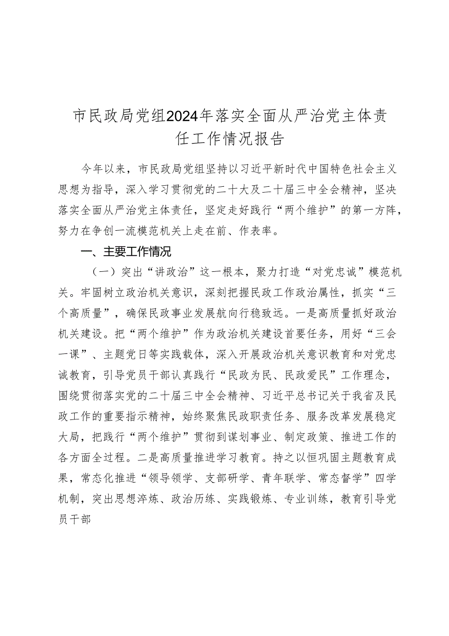 市民政局党组20242025年落实全面从严治党主体责任工作情况报告.docx_第1页