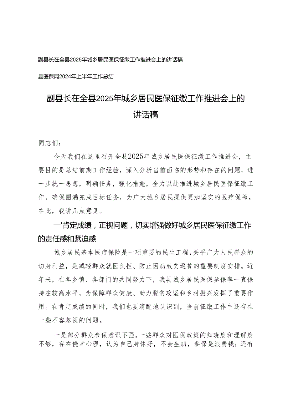 在2025年城乡居民医保征缴工作推进会上的讲话稿+县医保局2024年上半年工作总结.docx_第1页