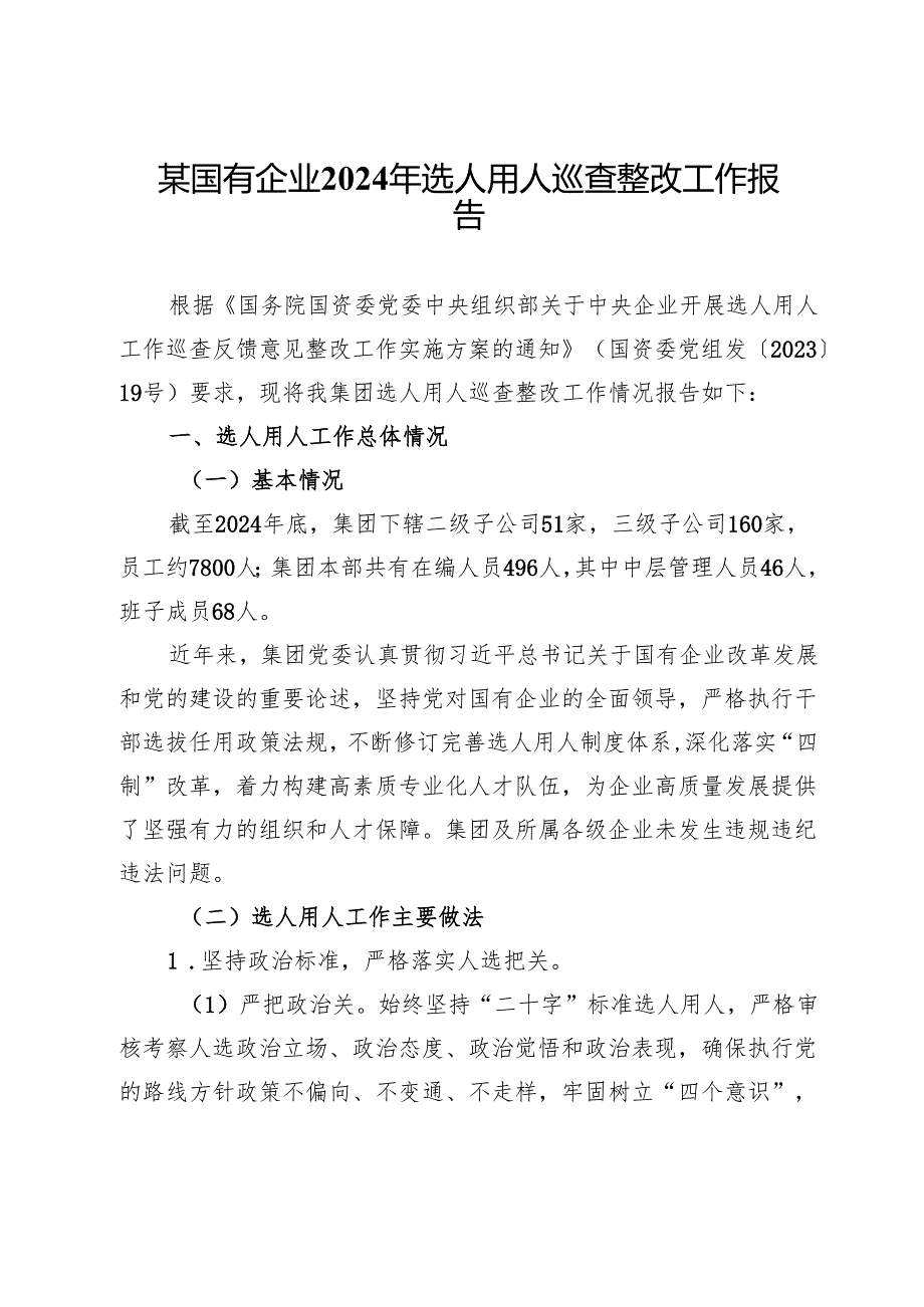 某国有企业2024年选人用人巡查整改工作报告.docx_第1页
