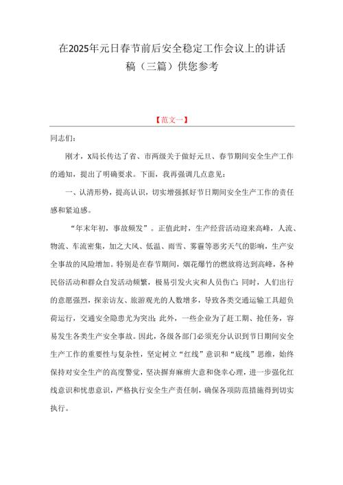 在2025年元日节前后安全稳定工作会议上的讲话稿（三篇）供您参考.docx