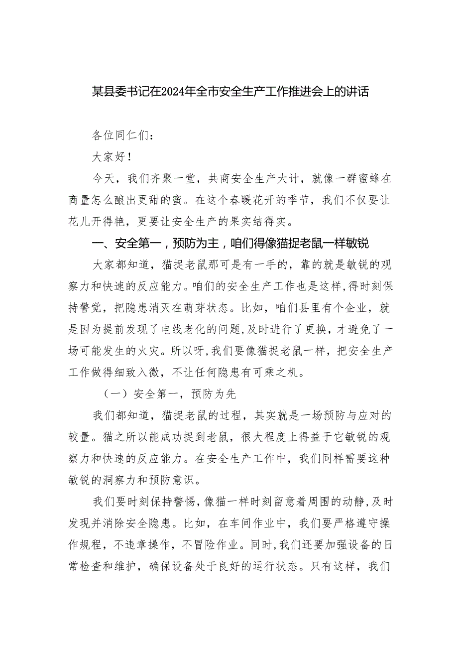 （9篇）某县委书记在2024年全市安全生产工作推进会上的讲话（详细版）.docx_第1页