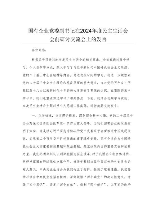 国有企业党委副书记在2024年度民主生活会会前研讨交流会上的发言.docx