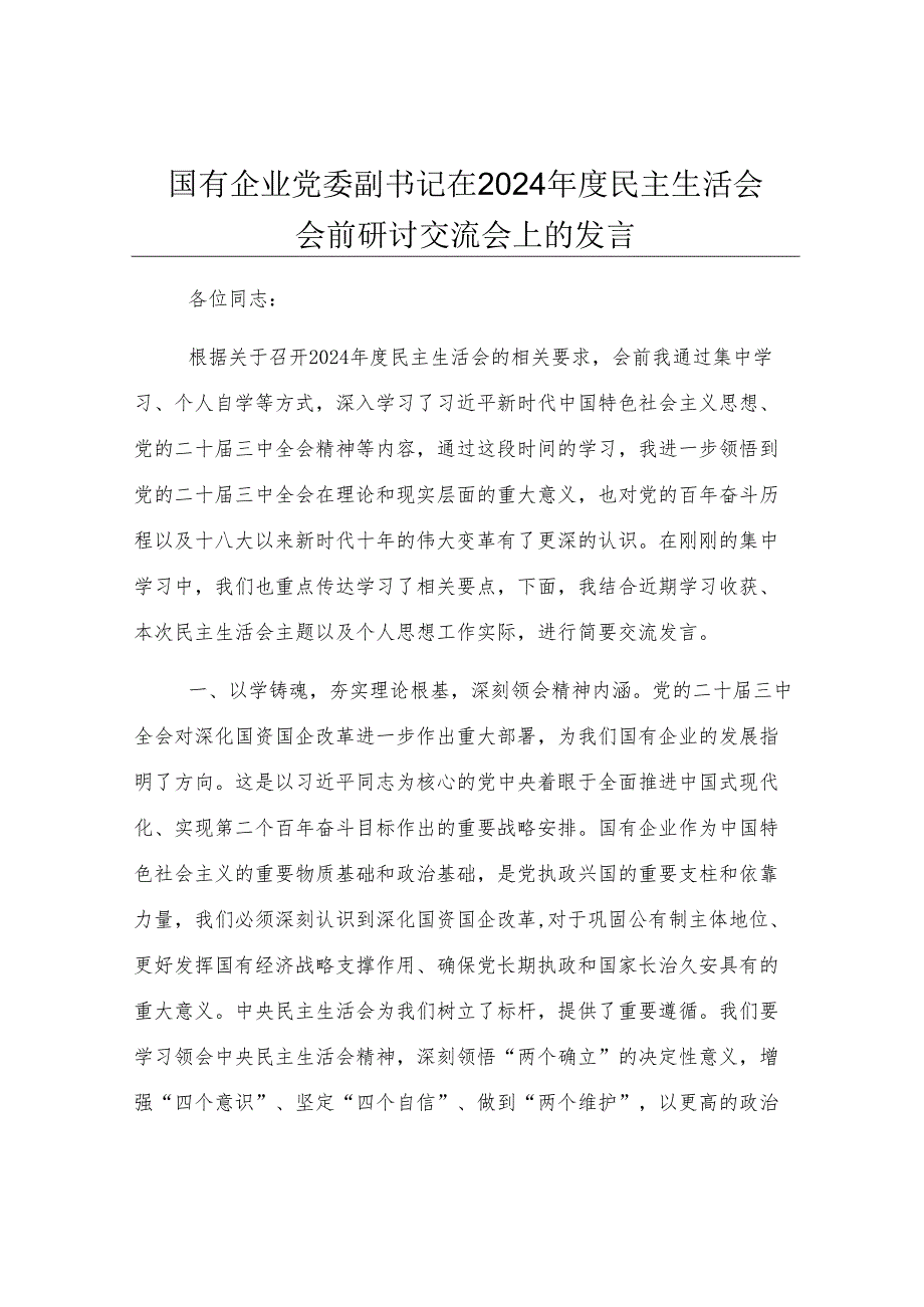 国有企业党委副书记在2024年度民主生活会会前研讨交流会上的发言.docx_第1页