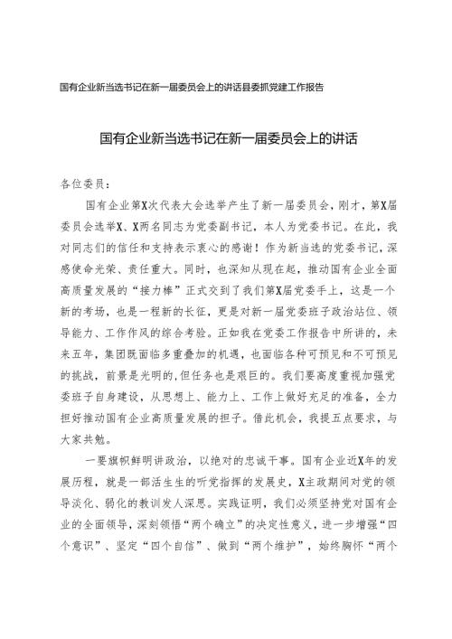2024年国有企业新当选书记在新一委员会上的讲话+县委抓党建工作报告.docx