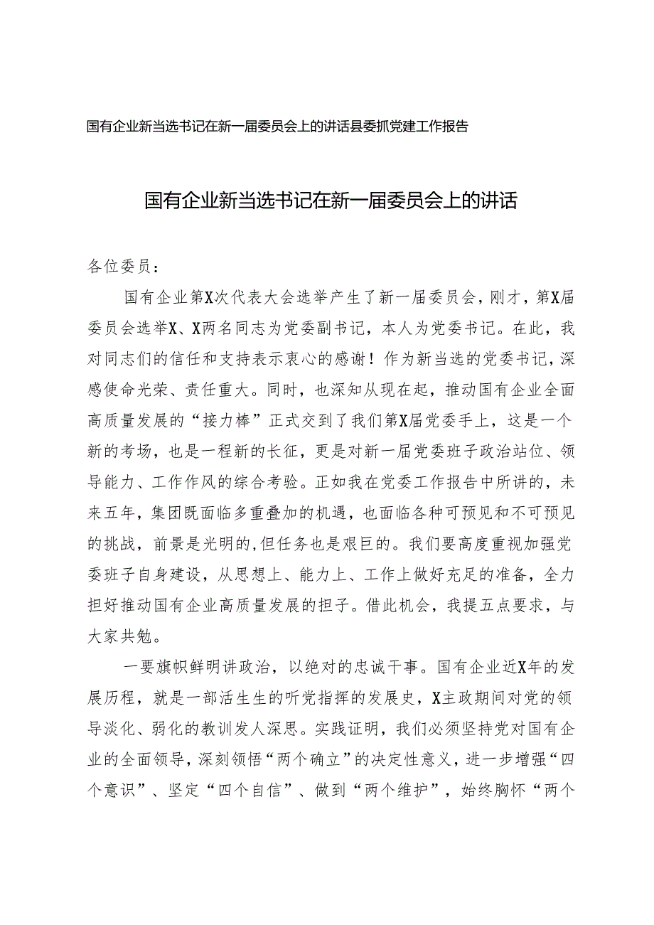 2024年国有企业新当选书记在新一委员会上的讲话+县委抓党建工作报告.docx_第1页