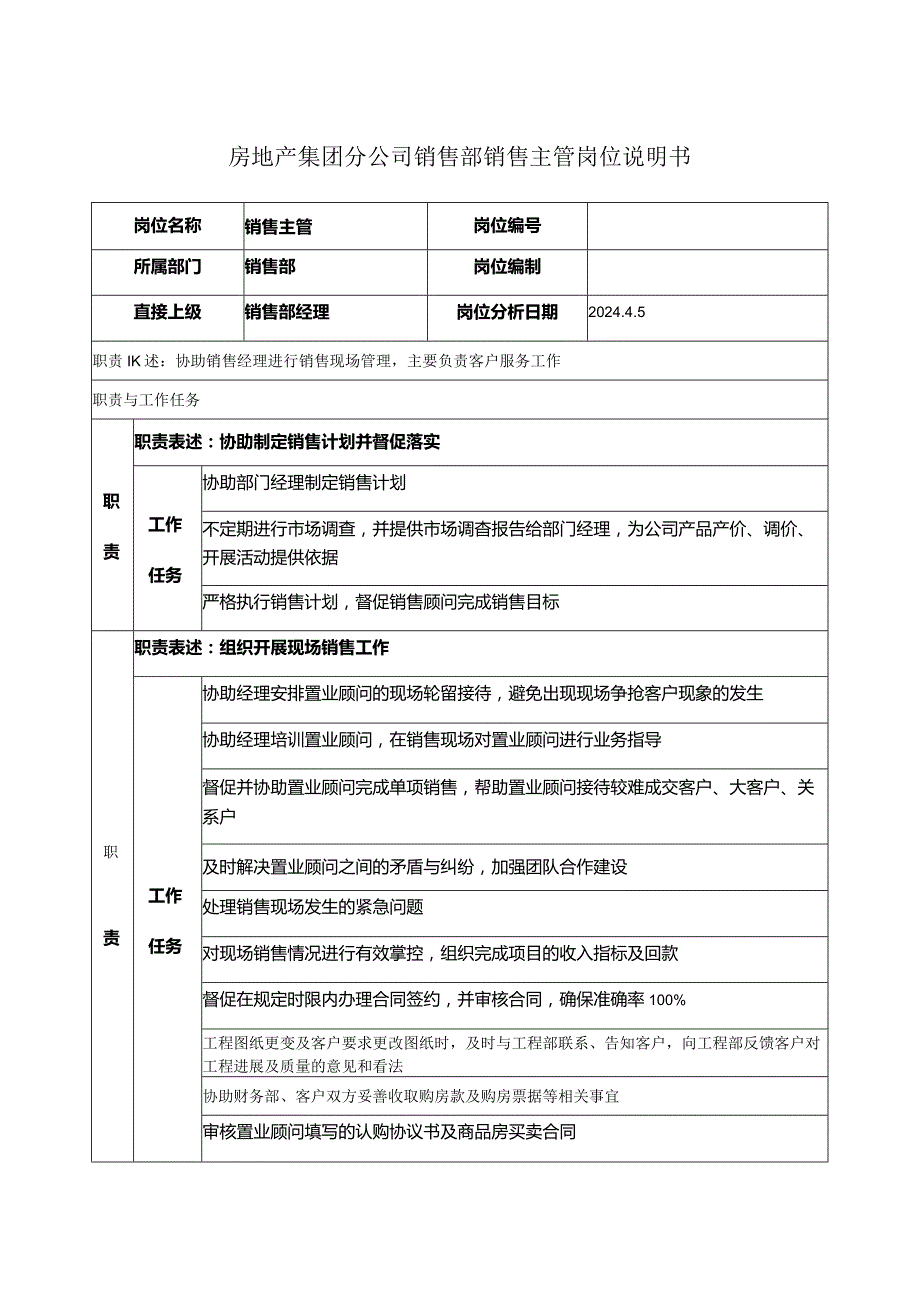 房地产集团分公司销售部销售主管岗位说明书.docx_第1页