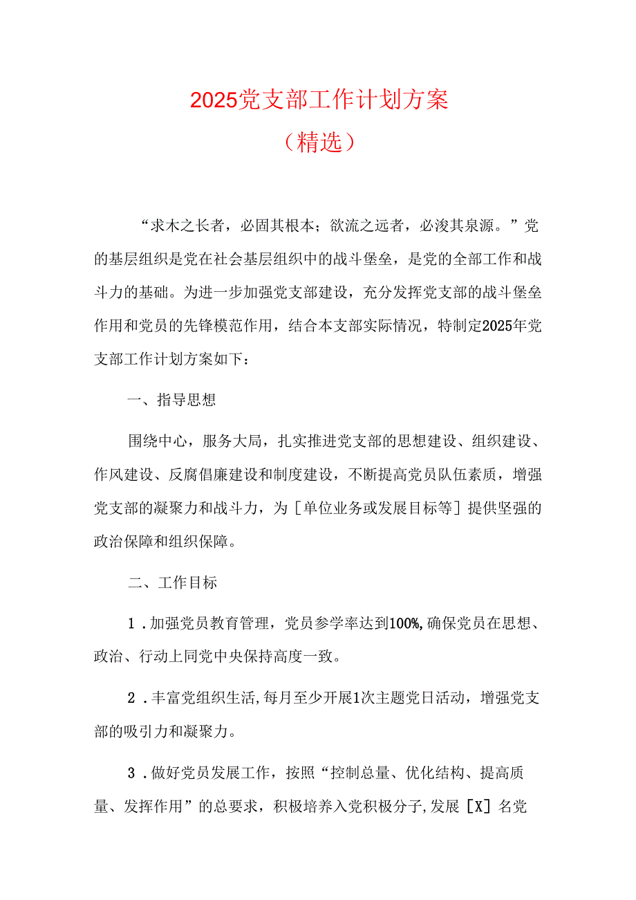 2025党支部工作计划方案（精选）.docx_第1页