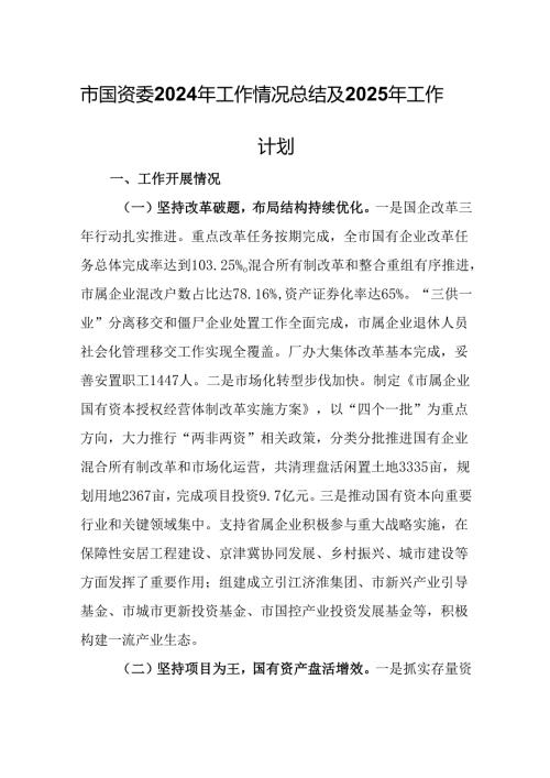 市国资委2024年工作情况总结及2025年工作计划.docx