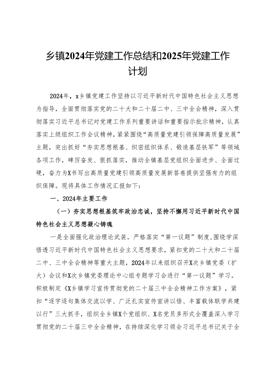 乡镇2024年党建工作总结和2025年党建工作计划.docx_第1页