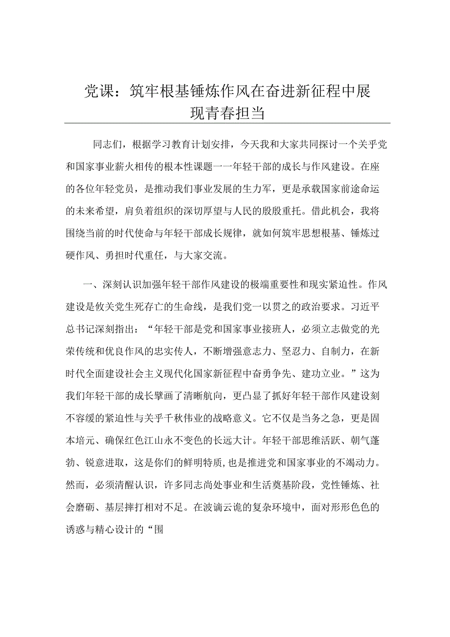 党课：筑牢根基 锤炼作风 在奋进新征程中展现青春担当.docx_第1页