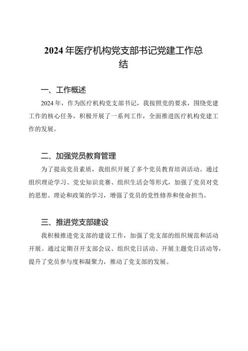 2024年医疗机构党支部书记党建工作总结.docx