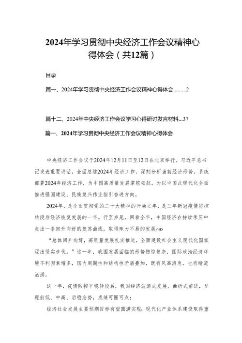 2024年学习贯彻中央经济工作会议精神心得体会（共12篇）汇编.docx