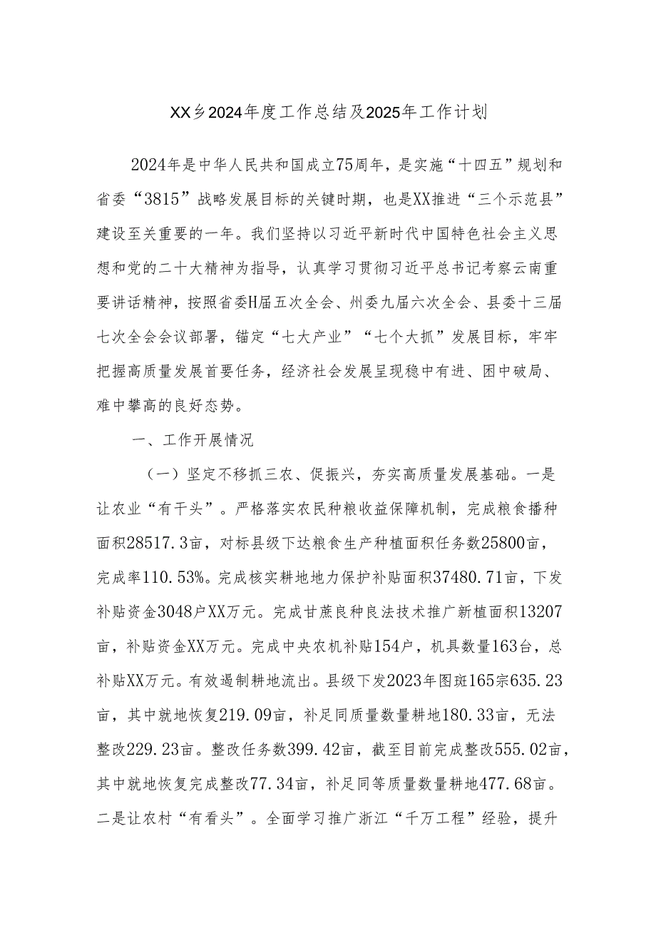 XX乡2024工作总结及2025年工作计划.docx_第1页
