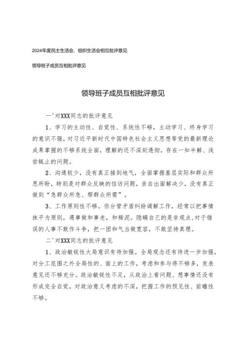 2024民主生活会、组织生活会相互批评意见领导班子成员互相批评意见.docx