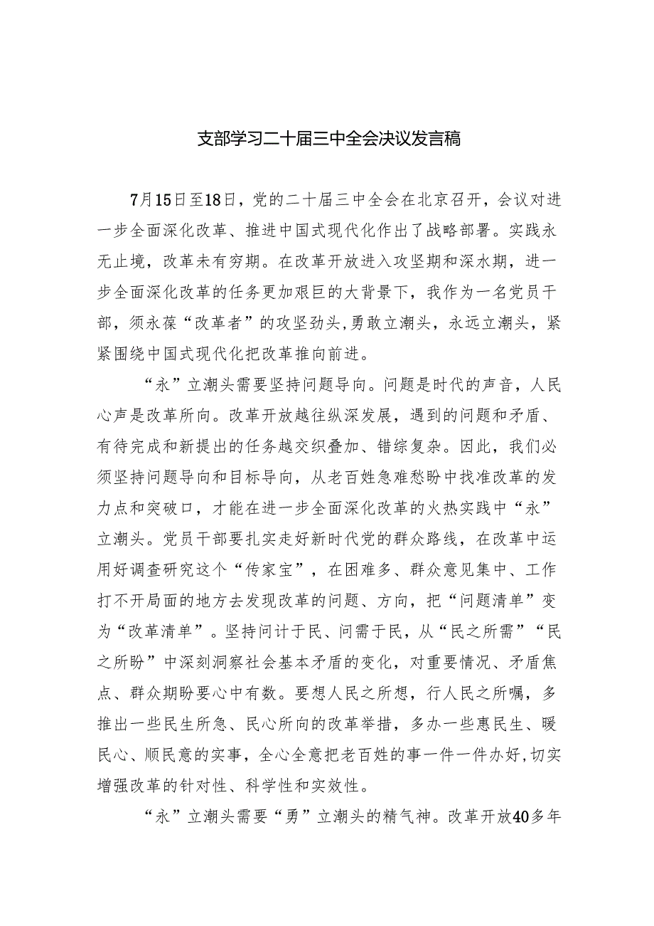 支部学习二十三中全会决议发言稿8篇（精选版）.docx_第1页