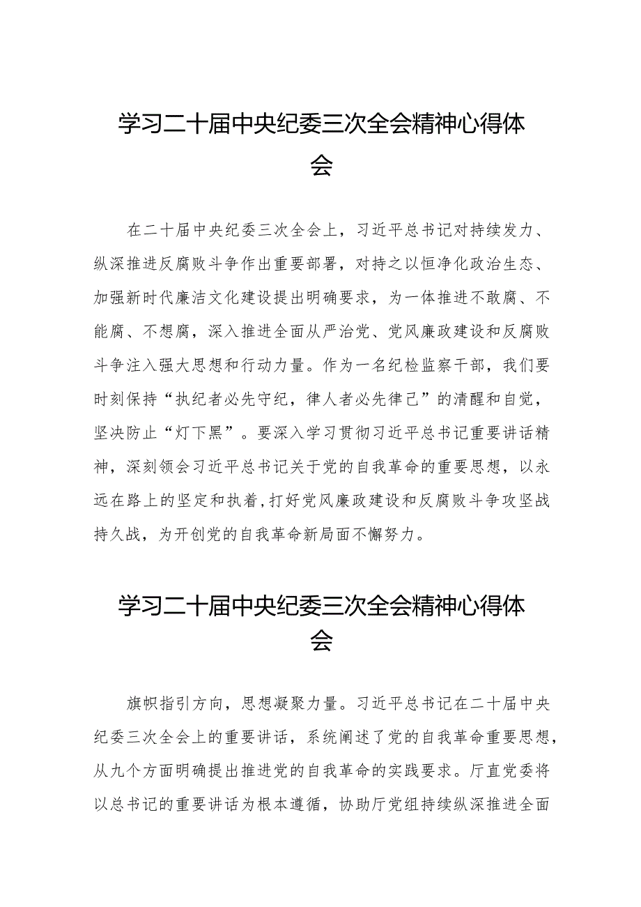二十中央纪委三次全会精神心得体会发言稿十九篇.docx_第1页