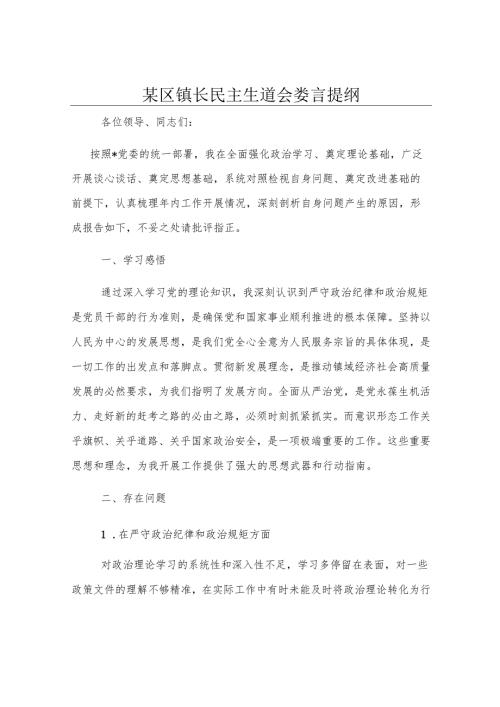 某区镇长民主生活会发言提纲.docx