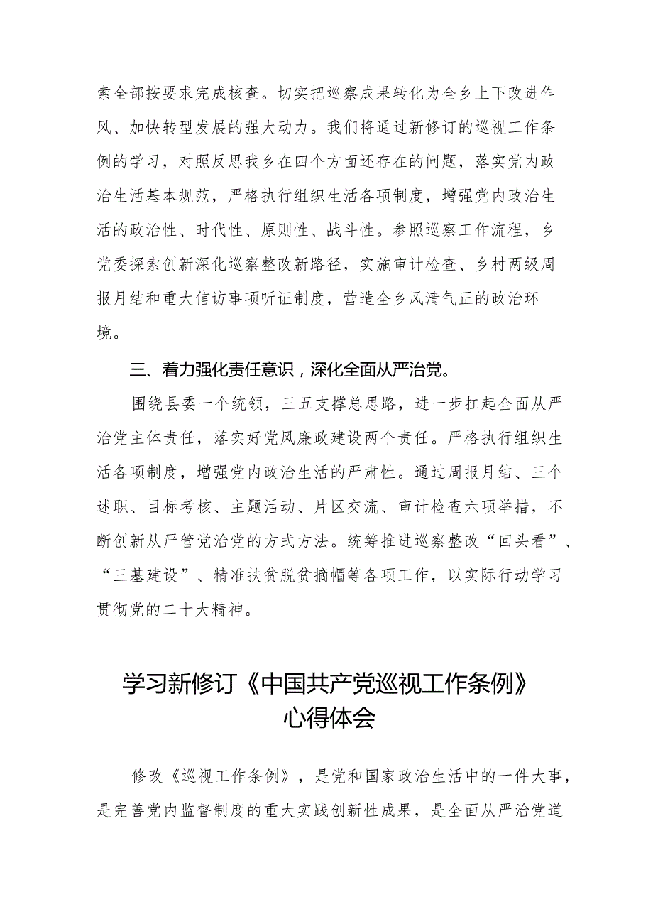 乡干部学习贯彻2024版新修订《中国共产党巡视工作条例》学习体会交流发言14篇.docx_第2页