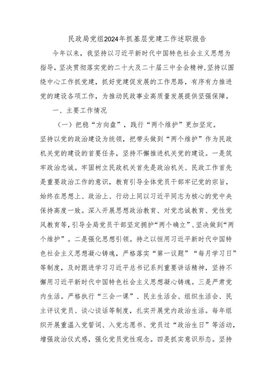民政局党组2024年抓基层党建工作述职报告.docx_第1页