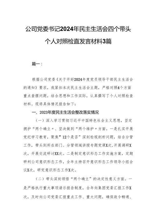 公司党委书记2024年民主生活会四个带头个人对照检查发言材料3篇.docx